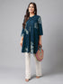 Teal Blue Pure Cotton Floral Printed Flared Tunic